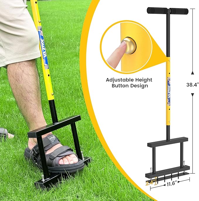 Adjustable Height Lawn Aerator Spike Tool with Spring, 4 Spikes Manual Yard Grass Aerator Gardening Tool for Lawn Care Courtyards, 38''