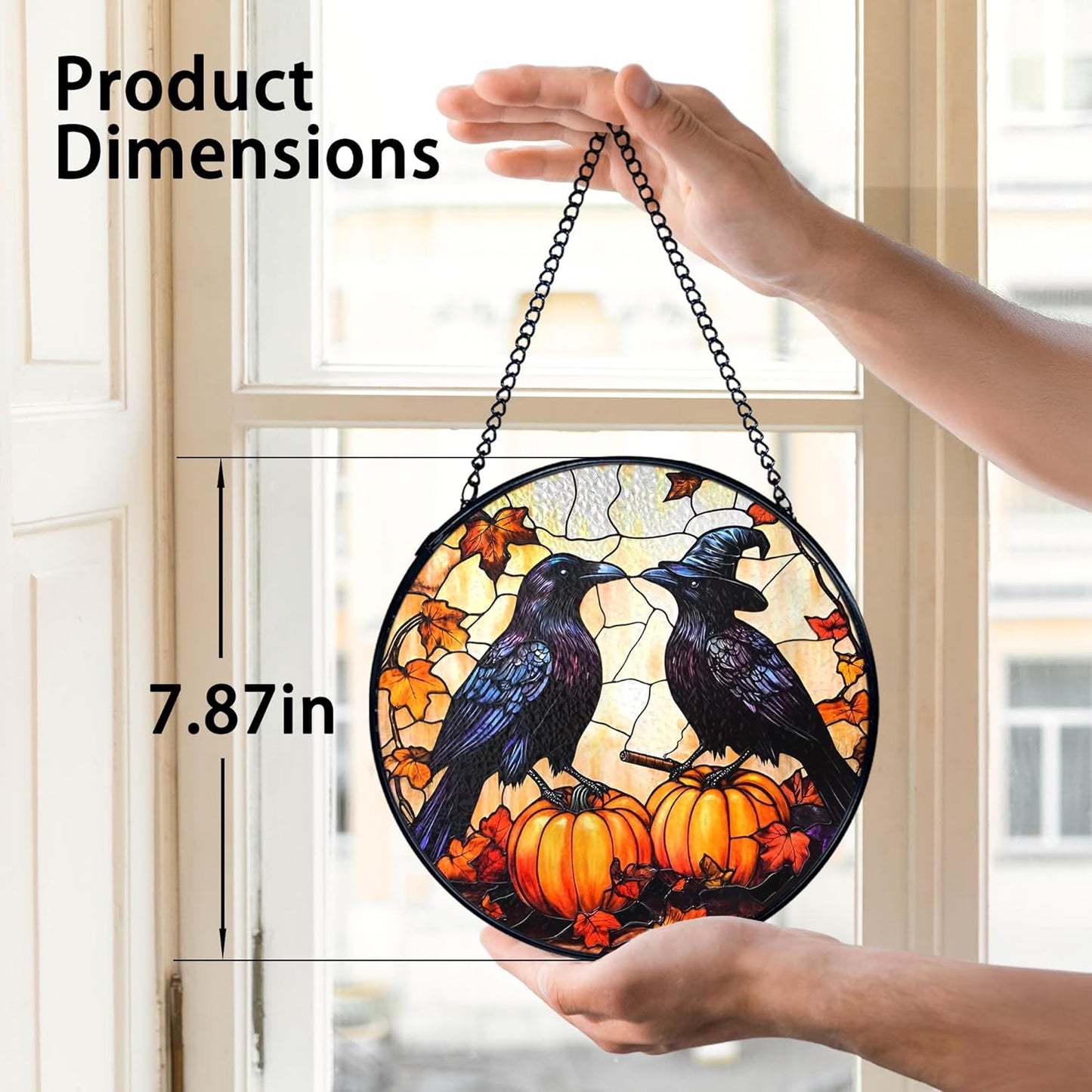 TNUW Halloween Fall Black Raven Stained Glass Window Hanging, Gothic Witchy Crow Pumpkin Sun Catchers Indoor Window Glass Round Wall Art Decor, Halloween Fall Wall Hanging Decorations, 7.9"x7.9"