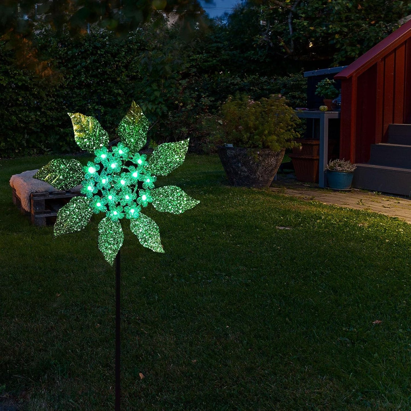 Solar Glow Garden Wind Spinner Outdoor, 13" W Flower Metal Wind Spinner & Sculptures with Fluorescent Coating, Kinetic Windmill for Yard Lawn Patio Decor, Blue
