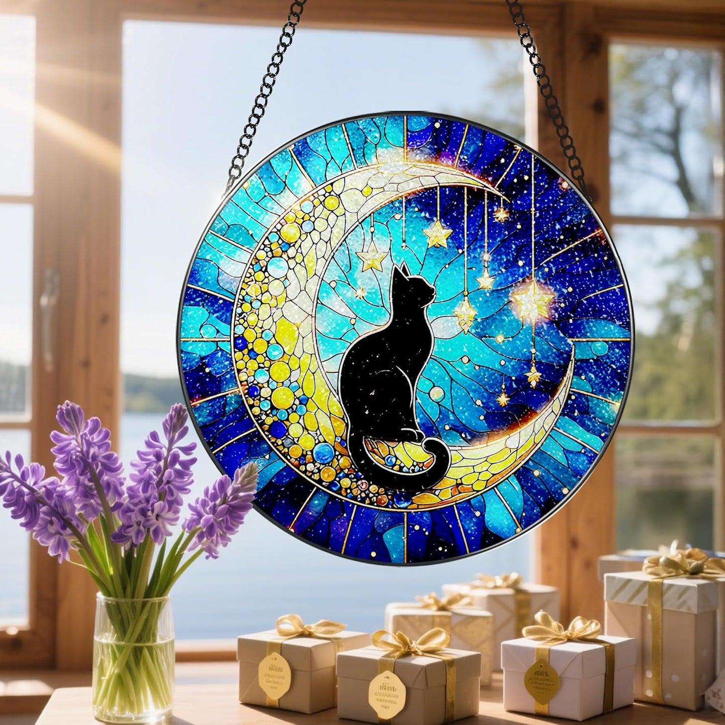 8 Inch Stained Glass Suncatcher Ornament, DOUHASU Black Cat Sun Catchers Indoor Window, Stained Glass Window Hanging, Indoor Decor, Home Decor Gift, Gifts for Cat Lovers, Pet Lover Gift