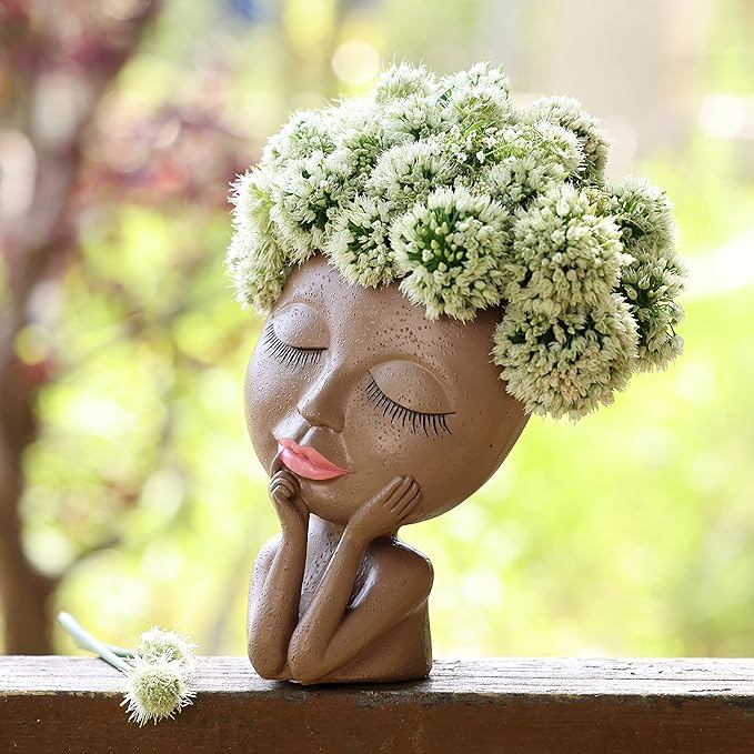 AIMEBBY Face Planter Pot - Face Flower Pots for Indoor and Outdoor Plants - Resin Head Planter Pots with Drainage Hole (Medium Size)-Black…