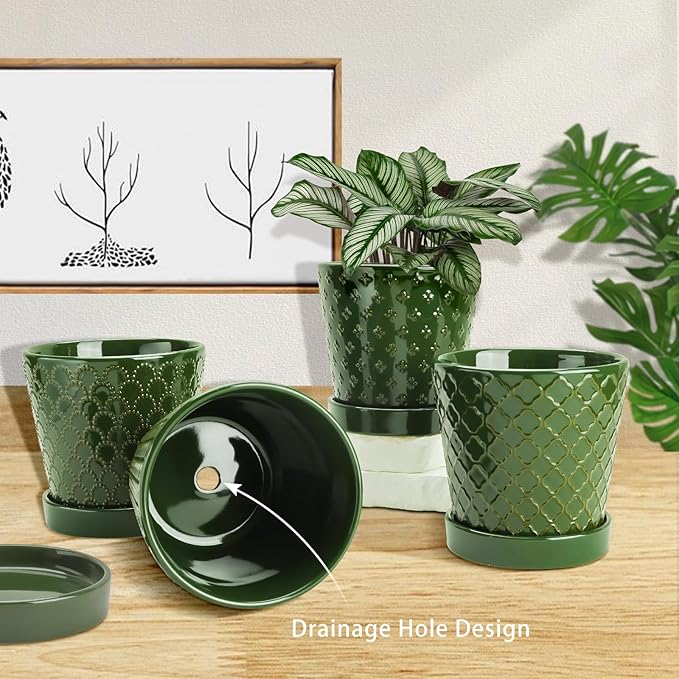 EFISPSS Ceramic Plant Pots, 5 Inch Planters with Drainage Holes and Ceramic Tray, Relief Design Flower Planter,Desktop Office Windowsill Decoration Gift Set of 4 - Blackish Green