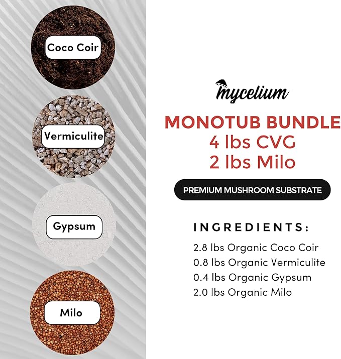 Mycelium's Dung-Loving Mushroom Monotub Bundle - 4LB Substrate & 2LB Milo Grain | Expertly Prepared for Peak Mycelium Growth | Nutrient-Dense for Home Growers | Sterilized Bags for Beginners & Pros