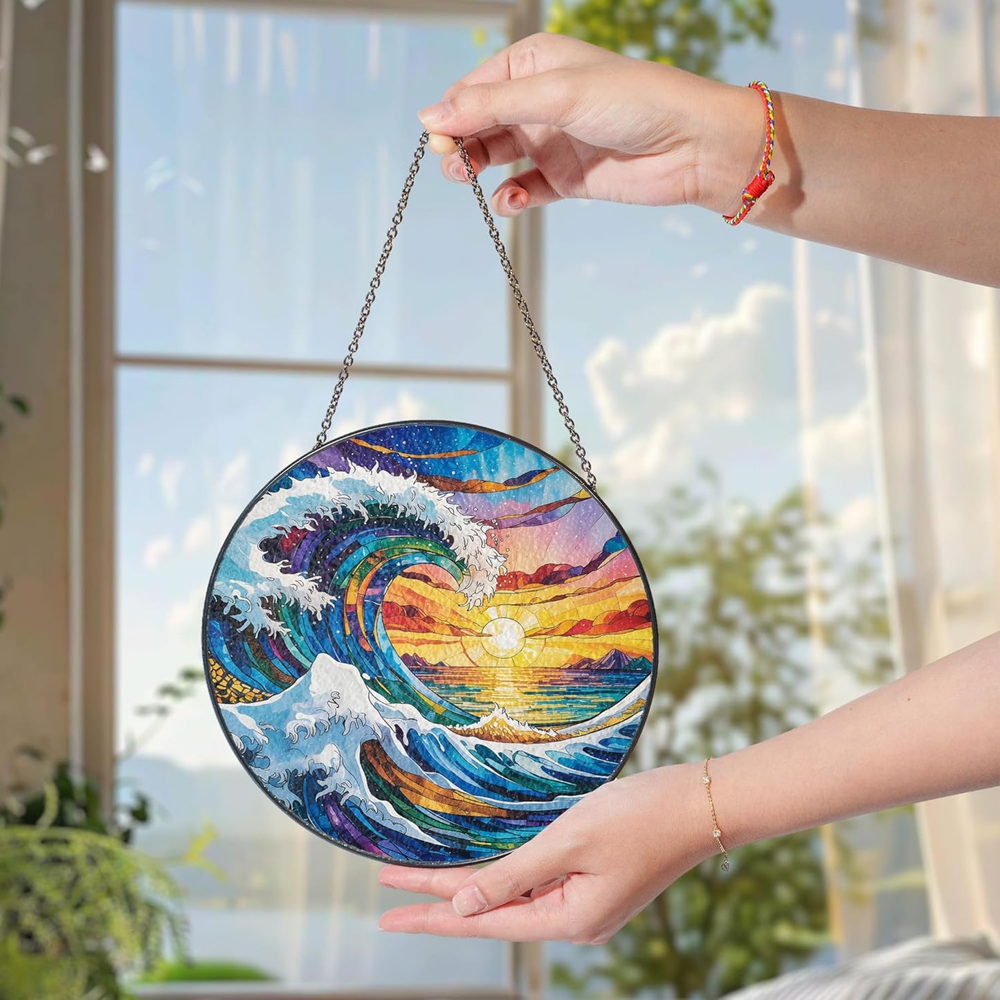 Sea Wave and Sunset Stained Glass Suncatcher – Ocean Window Hanging, Coastal Beach Decor, Unique Glass Sun Catcher Gift for Friends, Family, Couples, and Beach Lovers