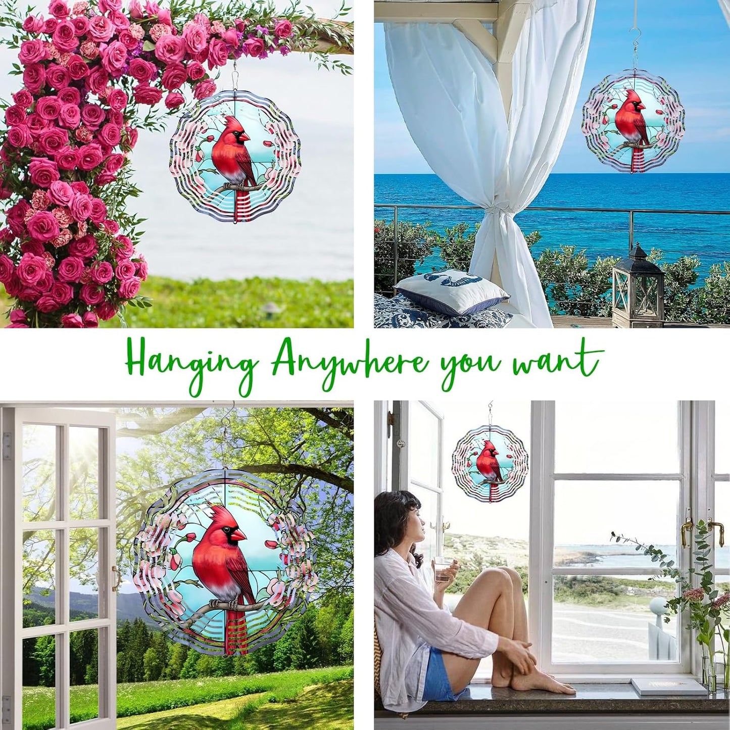 3D Cardinal Wind Spinner 3D Bird Spinners with Flower for Yard and Garden 3D Stainless Steel Cardinal Spinner with Unique Visual Effect Perfect Garden Decoration and Gift 10Inch