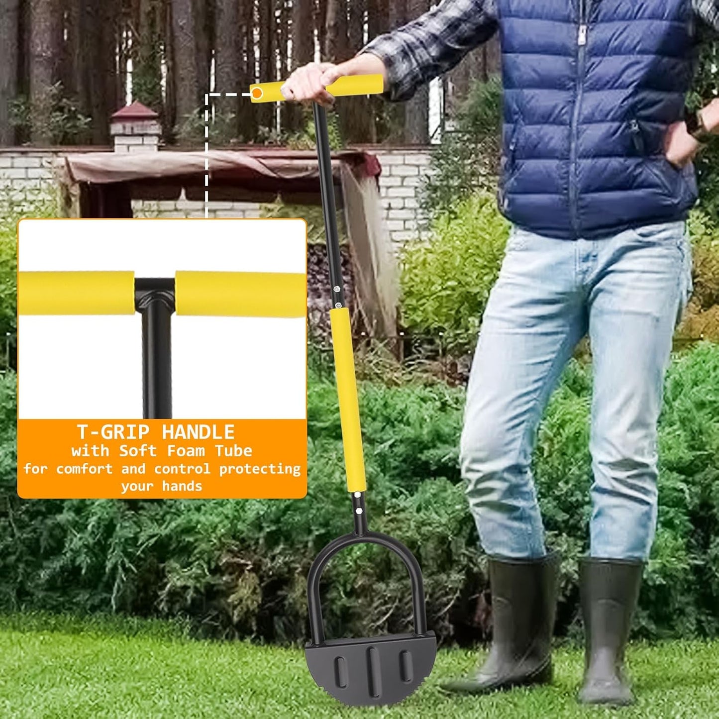 Manual Edger Lawn Tool 37-inch, Half Moon Edger Chopper Lawn Tool with V-Shape Serrated Blade,Solid Steel Lawn Edger Tool with Soft T-Grip and Wide Footplate for Sidewalk,Grass,Yard,Landscape