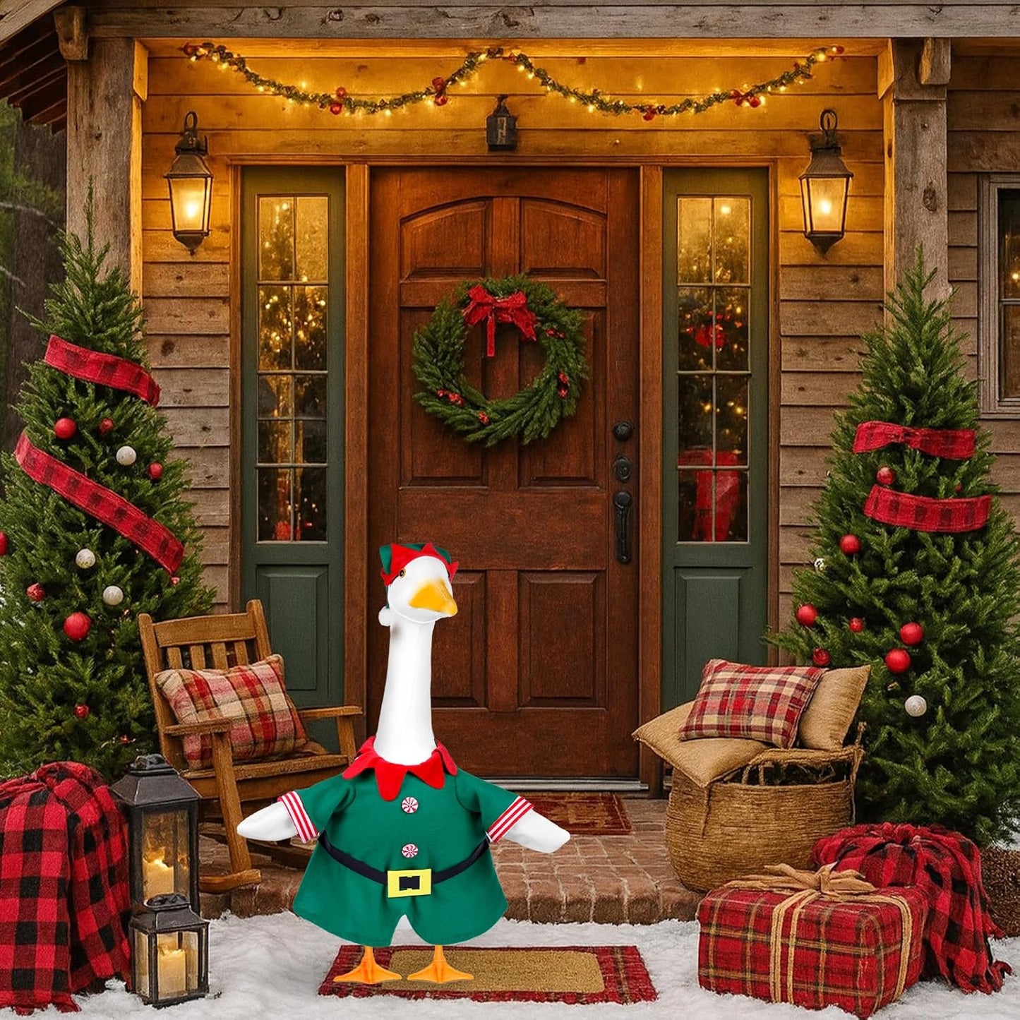 Christmas Porch Goose Outfits for 23 Inch Lawn Statue, Goose Costume for Plastic/Cement Statue Yard Patio Xmas Winter Decor