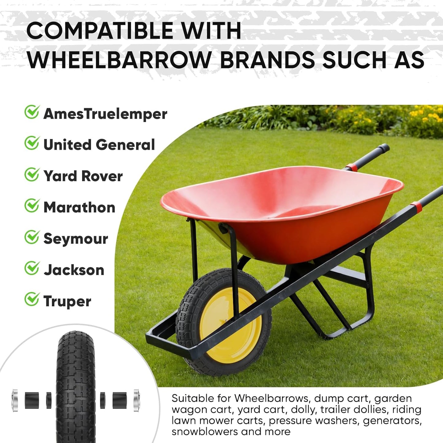 TICONN 4.80/4.00-8 Tire, 14.5" Flat Free Wheelbarrow Tire and Wheel, Solid Replacement Tires, 5/8" 3/4" Bearings, Universal Fit 4.80/4.00-8, 3.50/3.00-8, 4.00-6 (14.5" Yellow, 2PK)