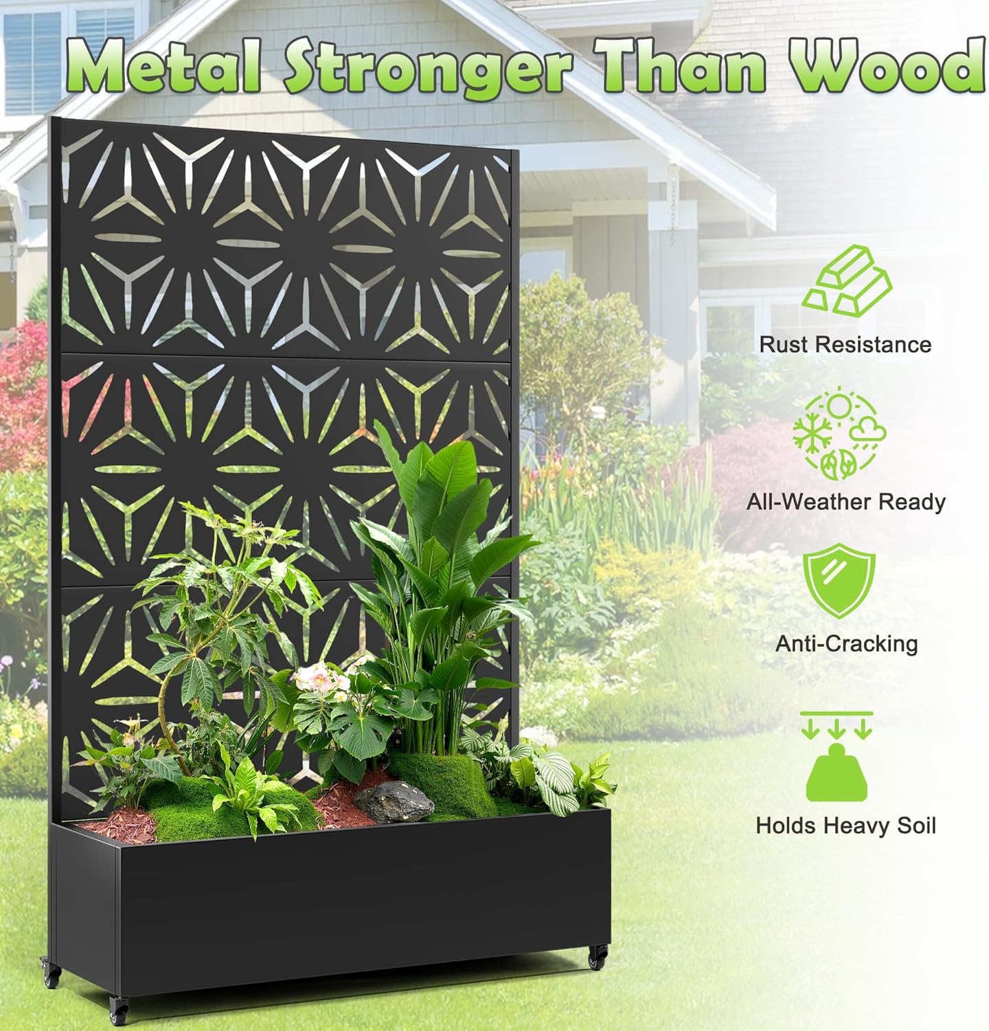 15.7"×70.9"×47.2" Metal Raised Garden Bed with Trellis and Wheels - Tall Trellis Planter Box for Climbing Plants, Vegetables & Vines - Outdoor Privacy Planters for Patio (Black-Star)