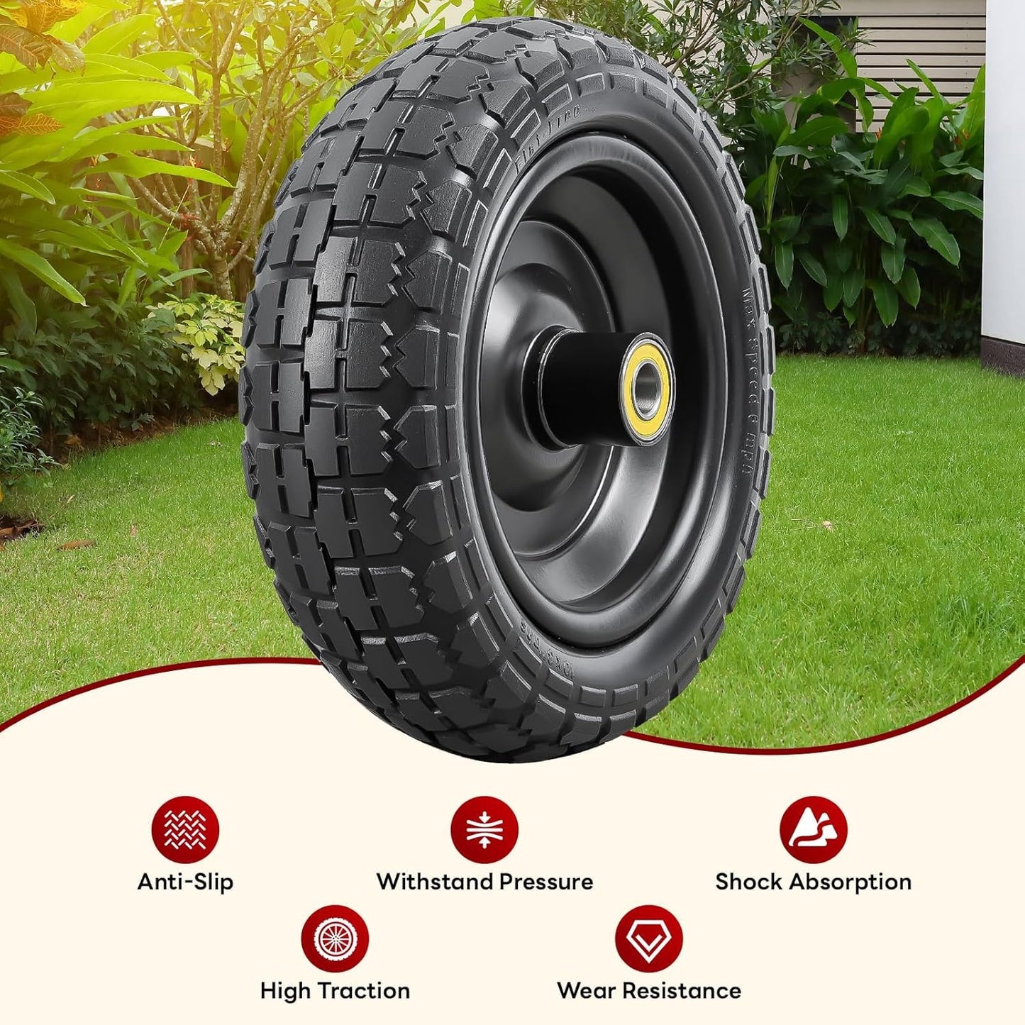 2 Pcs 10” Solid Tires, 10" x 3" Flat Free Tire and Wheel with 5/8” Axle Bore Hole and Double Sealed Bearings,2.1" Offset Hub Compatible with 10x3 Hand Truck, Wheelbarrow, Lawn Mower Tires