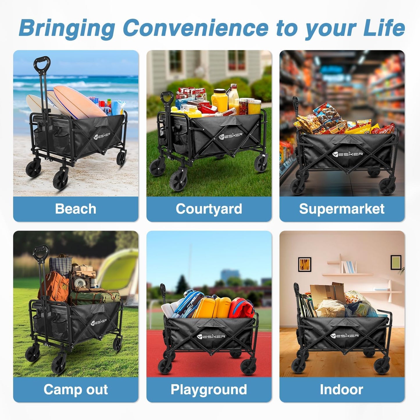 Yesker Foldable Wagon - 220lbs Collapsible Garden Carts with All Terrain Wheels for Outdoor Camping Sports Shopping Gardening - Heavy Duty Portable Utility Trolley (Black)