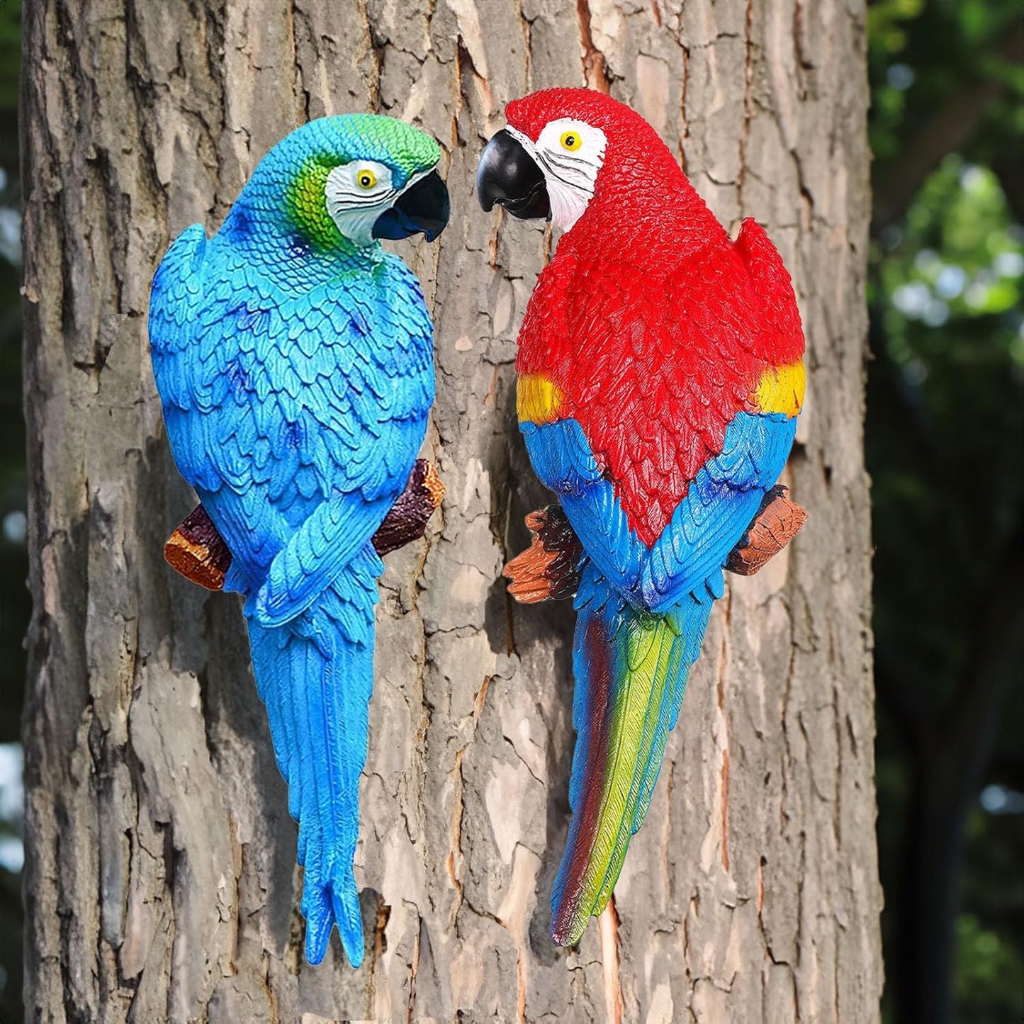 Teaeeno 2Pcs Resin Wall Bird Statue Decor,Real Parrot Sculpture Home Decor,Outdoor Indoor Figurine Ornaments-Garden Tree Sculpture,Resin Animal Statue for Garden, Terrace, Lawn, Yard