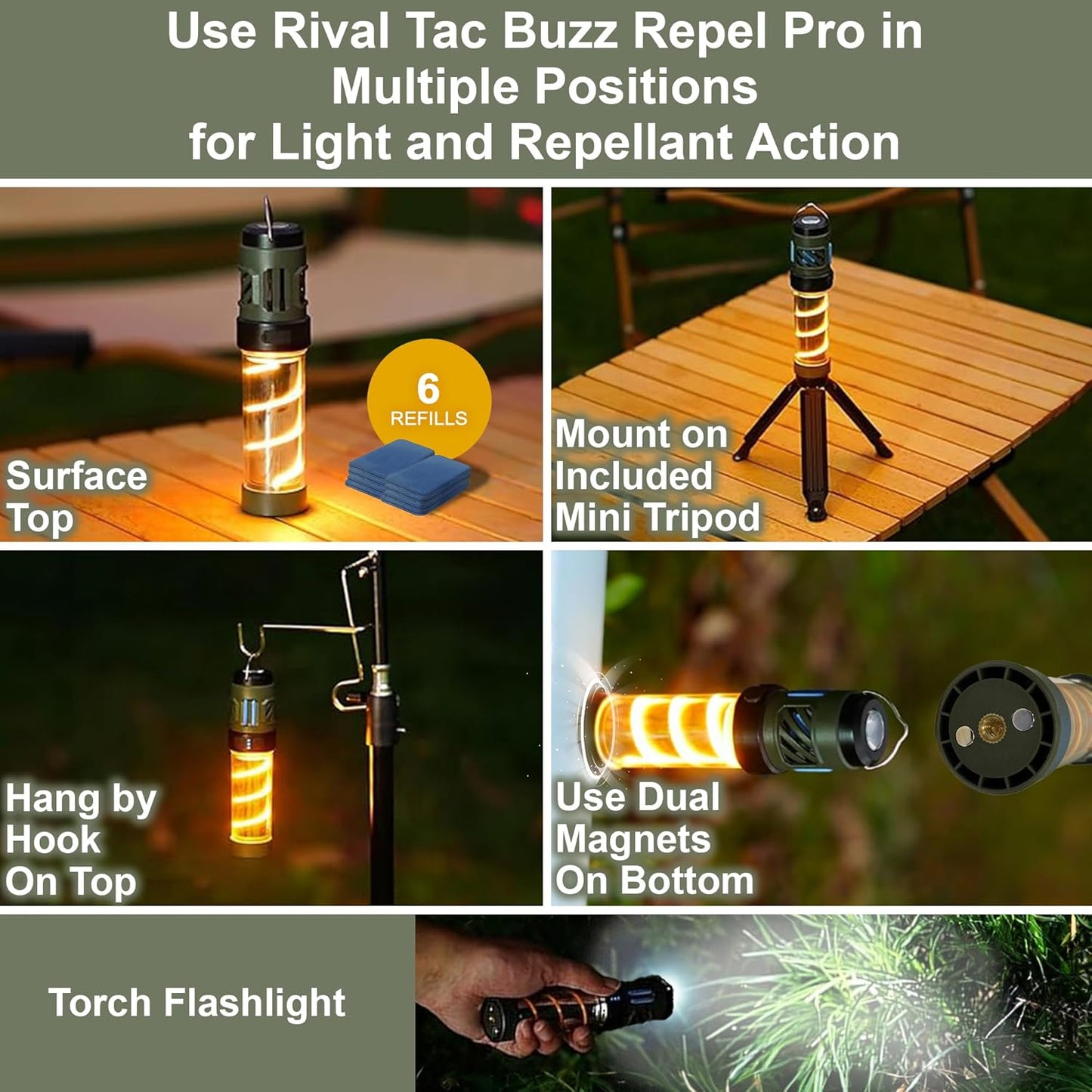 Rival Tac Buzz Repel Pro Lamp 3-in-1 Mosquito Repellent Rechargeable Flashlight, Citronella Outdoor Mosquito Repellent 30 Ft., IPX5, Camping Light (Mosquito Repellant with Flashlight/Torch and Tripod)