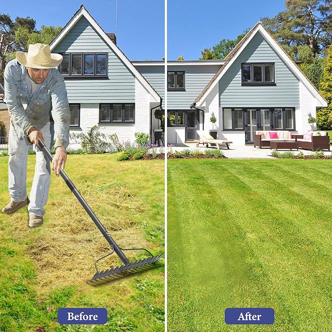 Adjustable Bow Rake Heavy Duty, Dual-Sided Steel Garden Rake Tool for Gathering Leaves, Pine Straw, Thatching, Breaking Up Soil, Leveling Gravel