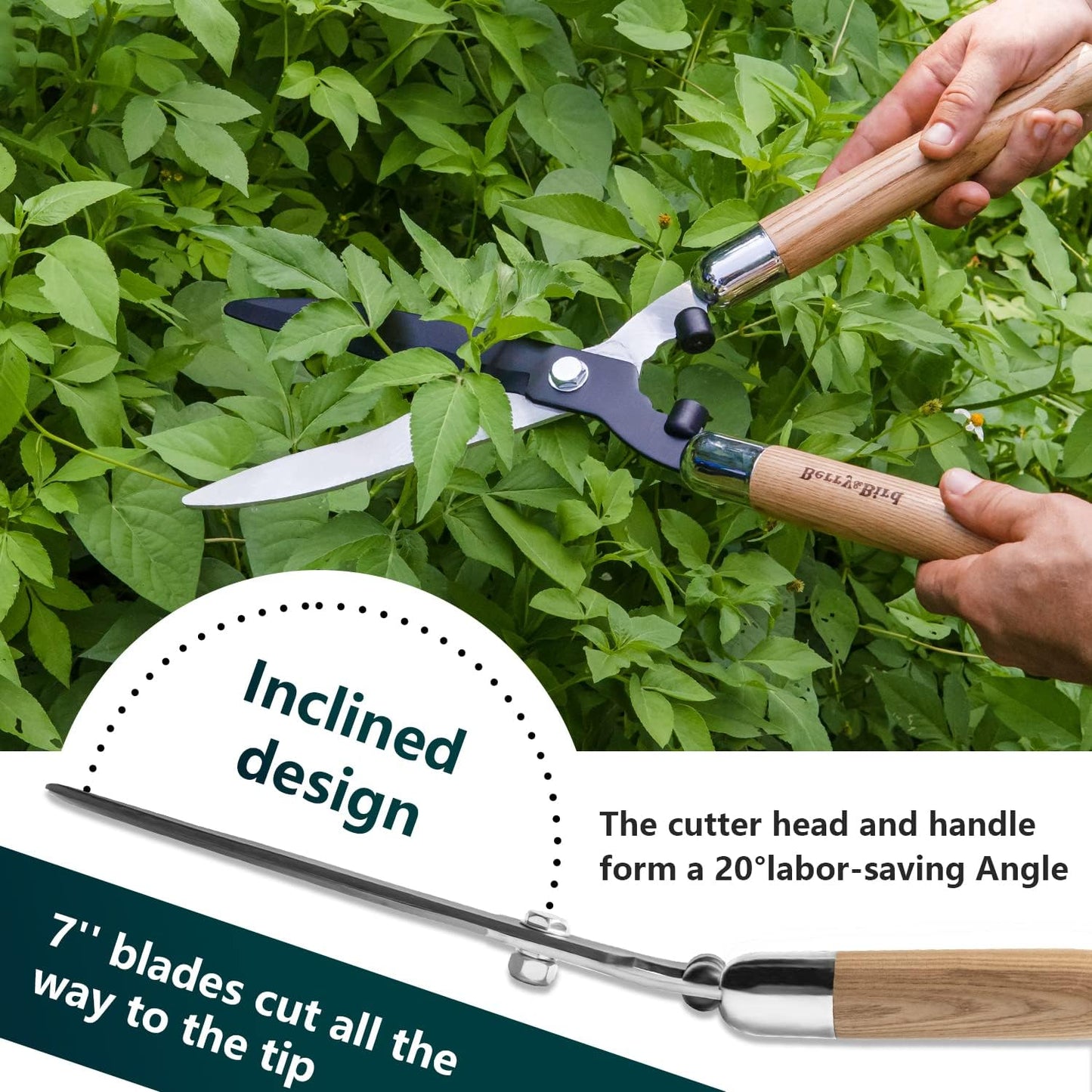 Berry&Bird Garden Hedge Shears,19.88''Heavy Duty Pruning Shear for Trimming Borders and Bushes, Manual Hedge Clippers with Wooden Handles & Carbon Steel Sharp Blades Gardening Scissors