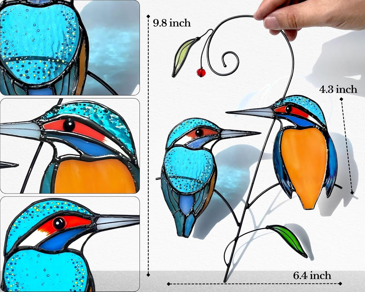 Kingfisher (1 Pair) Stained Glass Birds Suncatcher for Mom, Grandma, Women - Real Glass Window Hanging Ornament - Handmade Crafts for Bird Lover (Gifts Ready Packaging)
