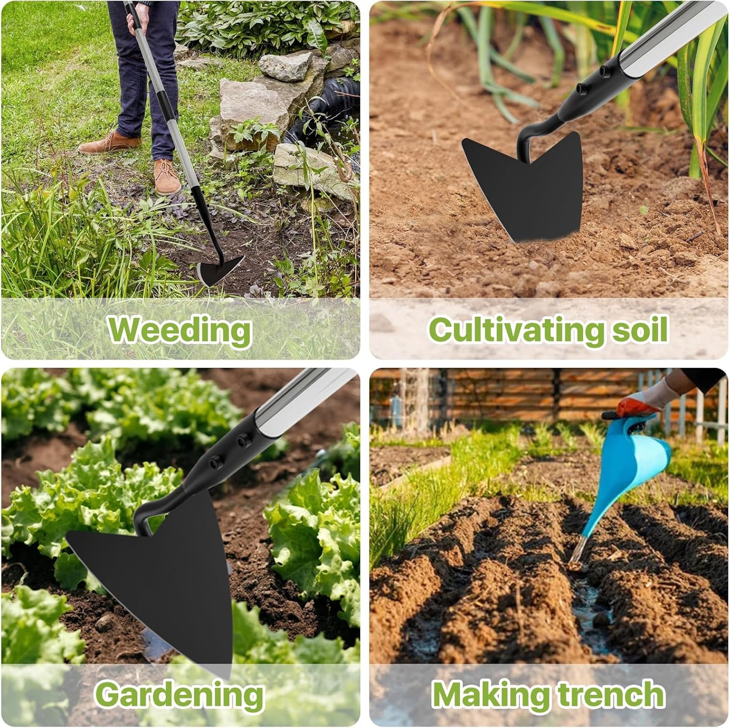 Warren Hoe Garden Tool, Heavy Duty Garden Hoes for Weeding Long Handle, Easy Stand Up Triangle Weeder Tool for Garden, 35-66 inch Adjustable Gardening Hoe for Weed, Trench, Loosen Soil, Landscape