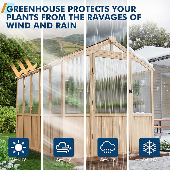 Restland 6x8 FT Wood Greenhouse with Shelves Reinforced Frame Walk-in Greenhouses with Adjustable Roof Vents & Lockable Door Polycarbonate Green House for Outside