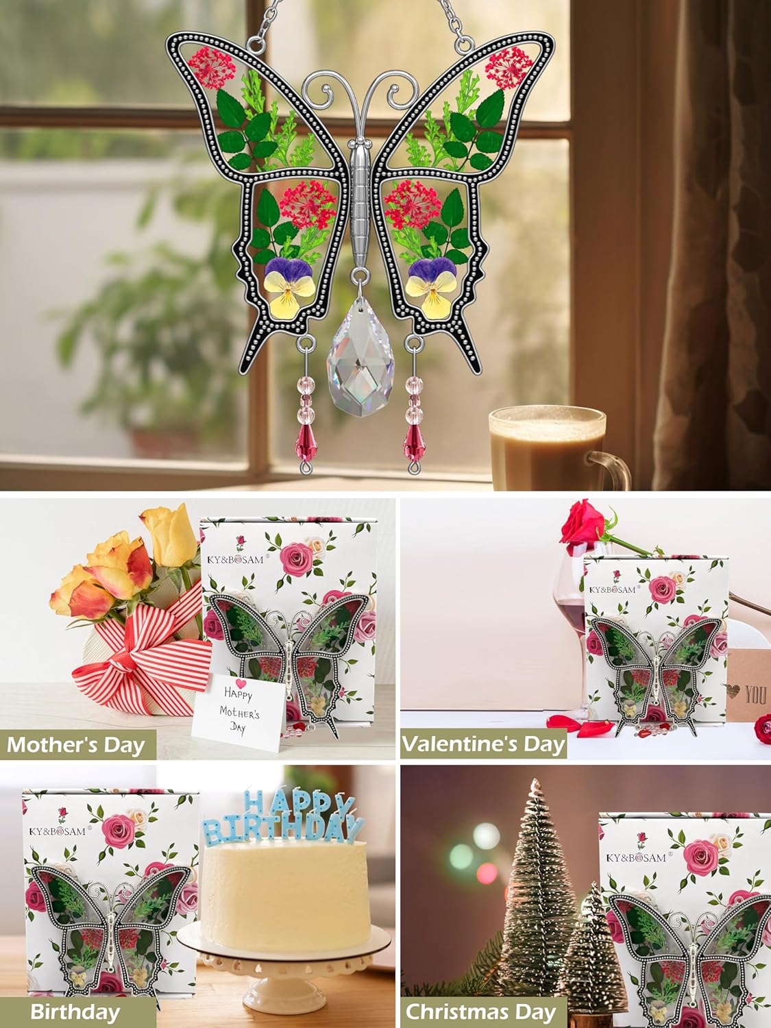 KY&BOSAM Butterfly Suncatcher for Windows Stained Glass Crystal Wind Chimes with Metal Charms Colorful Rainbow Prisms Garden Decor for Mom/Grandma, Christmas Wedding Gifts 8" Hanging Ornaments