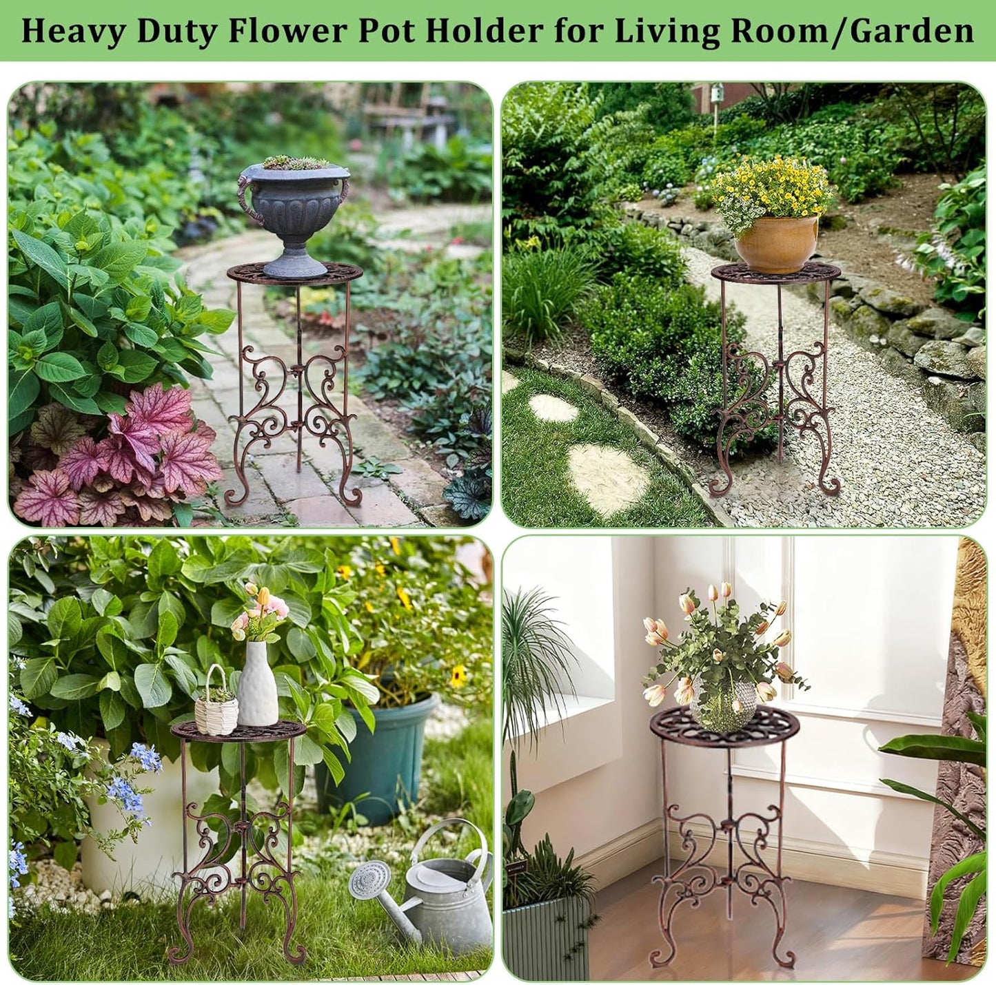 OwnMy Cast Iron Tall Plant Stand Heavy Duty Vintage Wrought Iron Flower Pot Holder, Decorative 1-Tier Potted Plant Holder Rack, Indoor Outdoor Large Metal Plant Stand for Patio Garden, Red Bronze