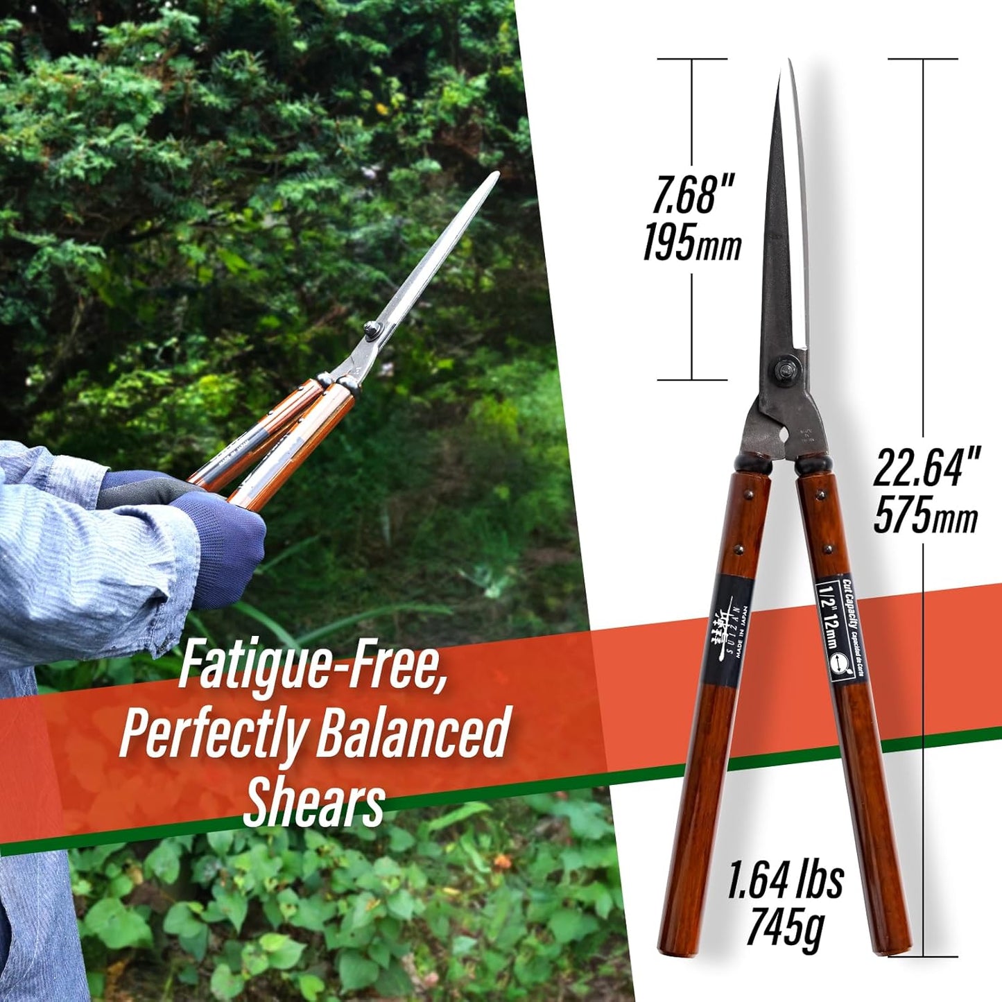 SUIZAN Hedge Shears 22.6" - Professional Japanese Garden Clippers for Precise Trimming Gardening Tools