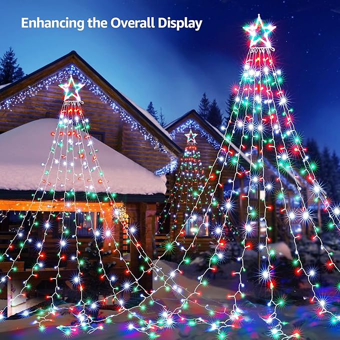 BlcTec Outdoor Christmas Lights 344 LED Christmas Star Lights with 9 Strands 11.9ft Waterfall Tree Lights, 8 Modes, Waterproof & Timer for Garden Yard Patio Outdoor Xmas Decorations,Red Green White