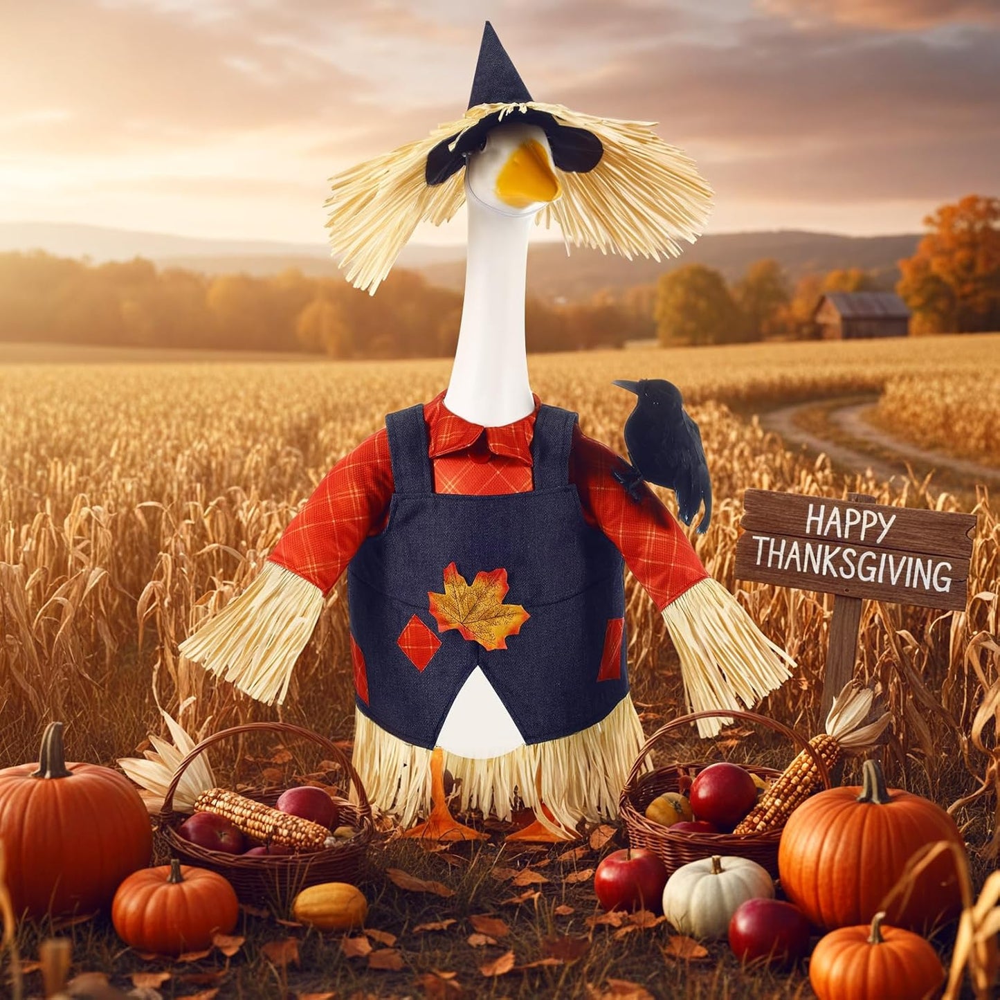 3 Pcs Thanksgiving Scarecrow Porch Goose Outfits for 23 Inch Lawn Statue Goose Design with Hat Thanksgiving Day Fall Garden Patio Yard Outdoor Party Decorations(Male Scarecrow)