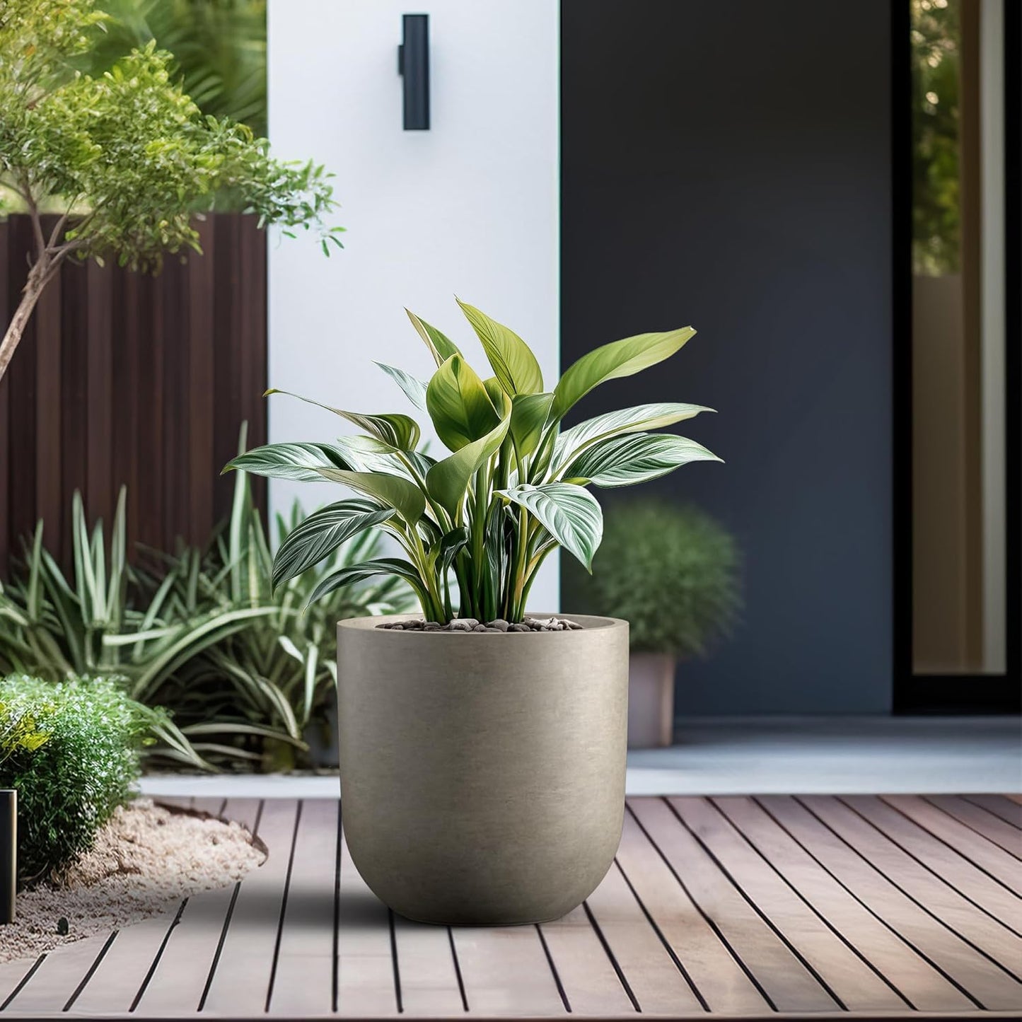 Kante 11.0" Round Concrete Planter, Large Cylinder Plant Pot with Curved Bottom and Drainage Hole, for Indoor and Outdoor Use – Garden or Patio, Weathered Concrete Finish with Warm Brown Interior