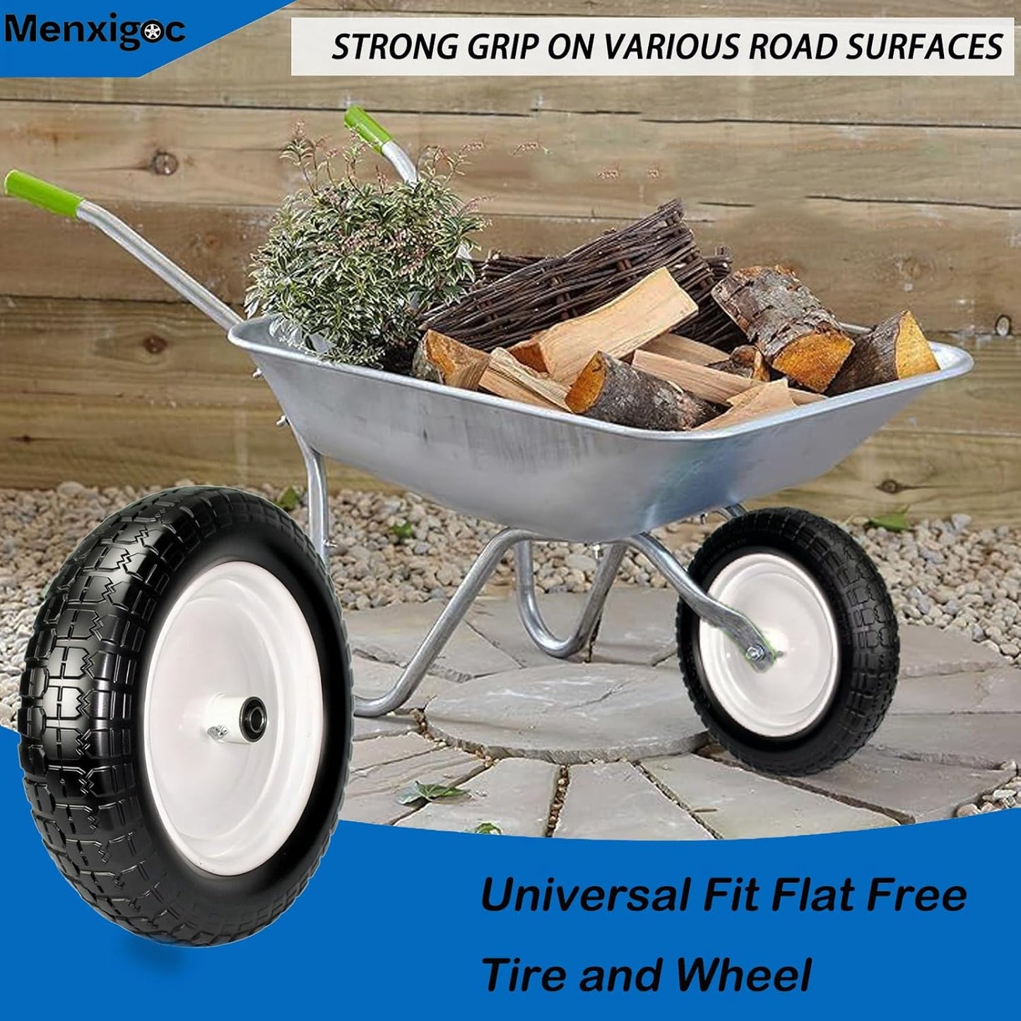 4.80/4.00-8 Solid Tire, 14.5" Flat Free Tire and Wheel, 5/8" Bore Bearing with 3/4" Extra Bearings, 3" -7" Centered Hub - Universal for 4.80-8 4.00-8 4.00-6 3.50/3.00-8 Wheels