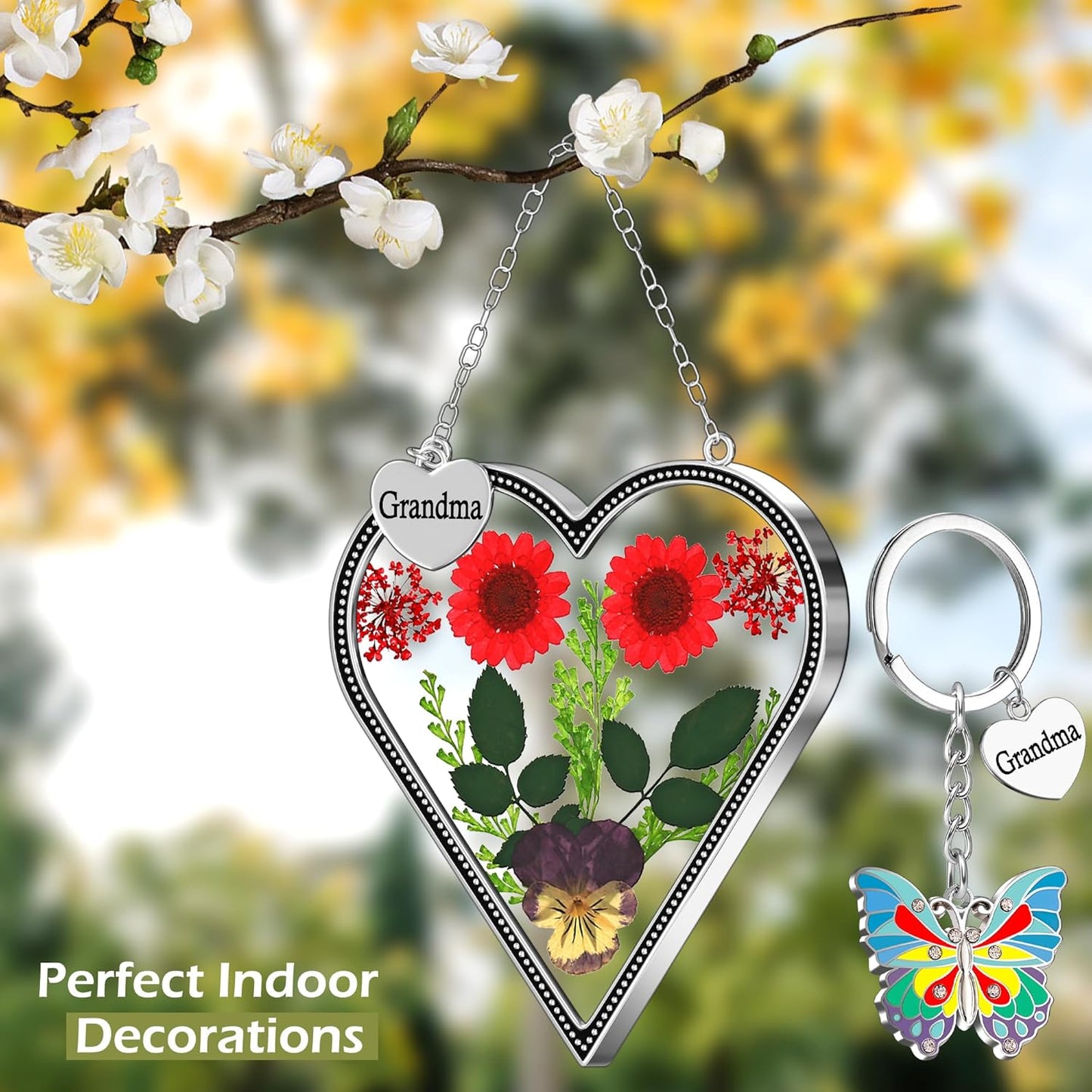 KY&BOSAM Heart Suncatcher for Windows Hangings Grandma Gift Stained Glass Butterfly Suncatcher Pressed Flower Between Heart in Glass Metal Engraved Charm Gift for Women Mother's Day Birthday Christmas