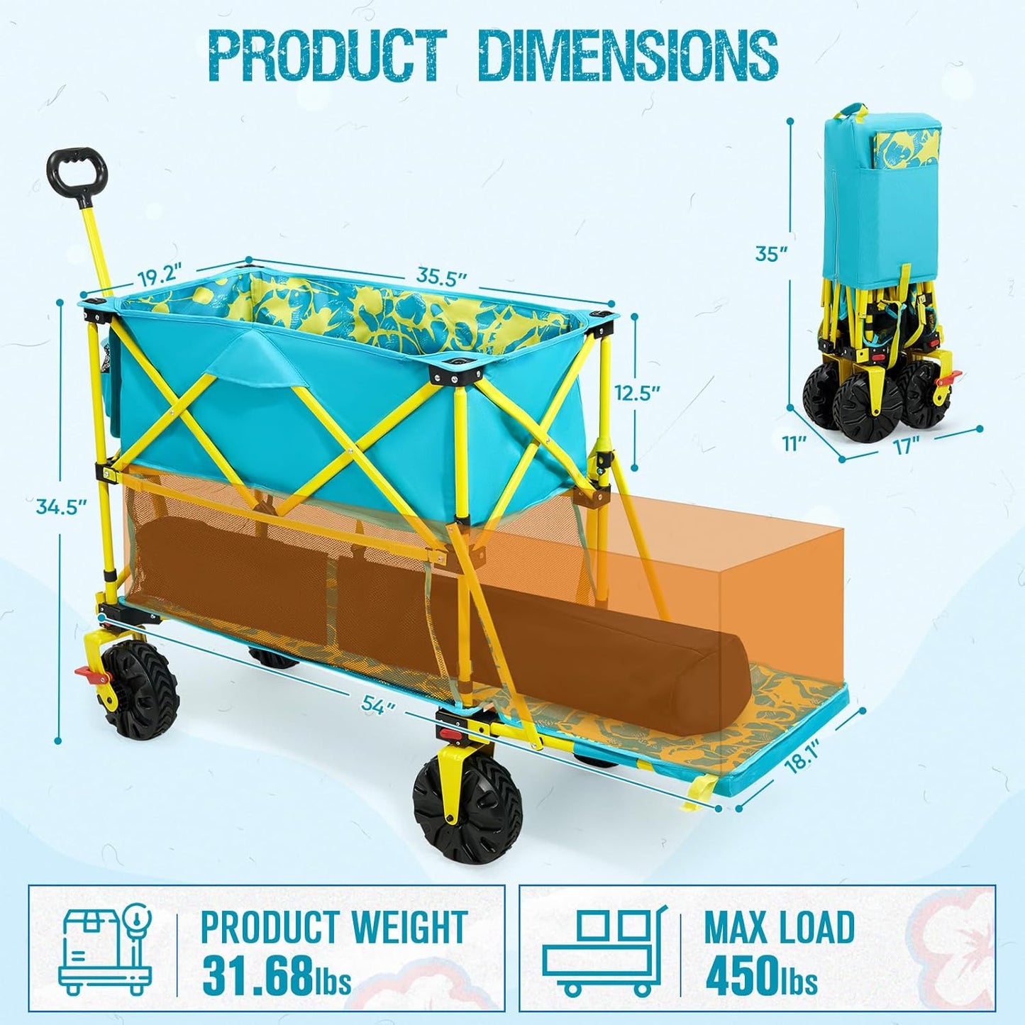 Old Bahama Bay 400L Collapsible Double Decker Beach Wagon with Brakes, Folding Beach Cart with 54" Extra Long Decker, 450LBS Heavy Duty Wagon Chart with All-Terrain Big Wheels for Sand Camping Garden