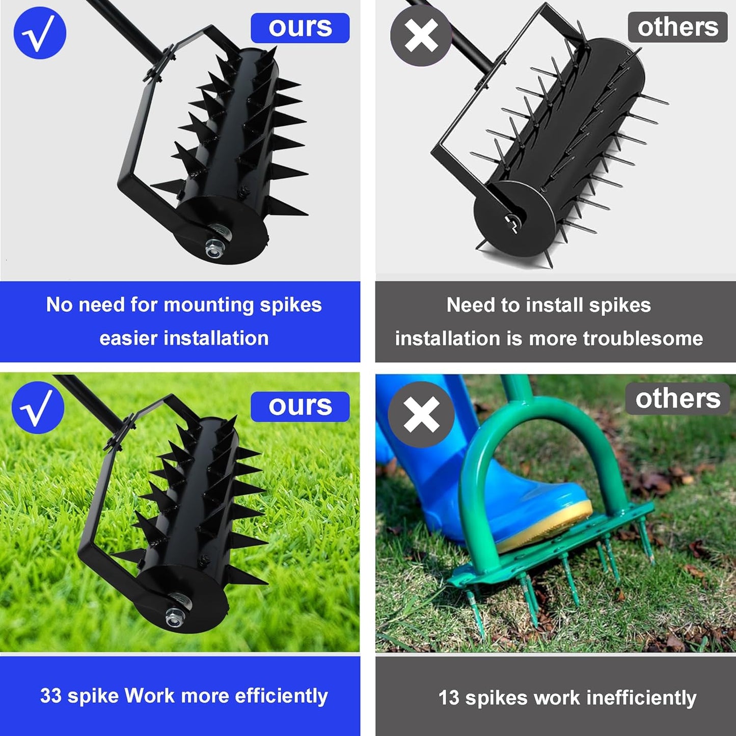 Rolling Manual Lawn Aerator, 58-Inch Handle Manual Push Spike Aerator for Gardens, Yards, and Farmland, Deep Soil Penetration for Healthy Grass and Improved Lawn Growth Manual Aerator Tool Black