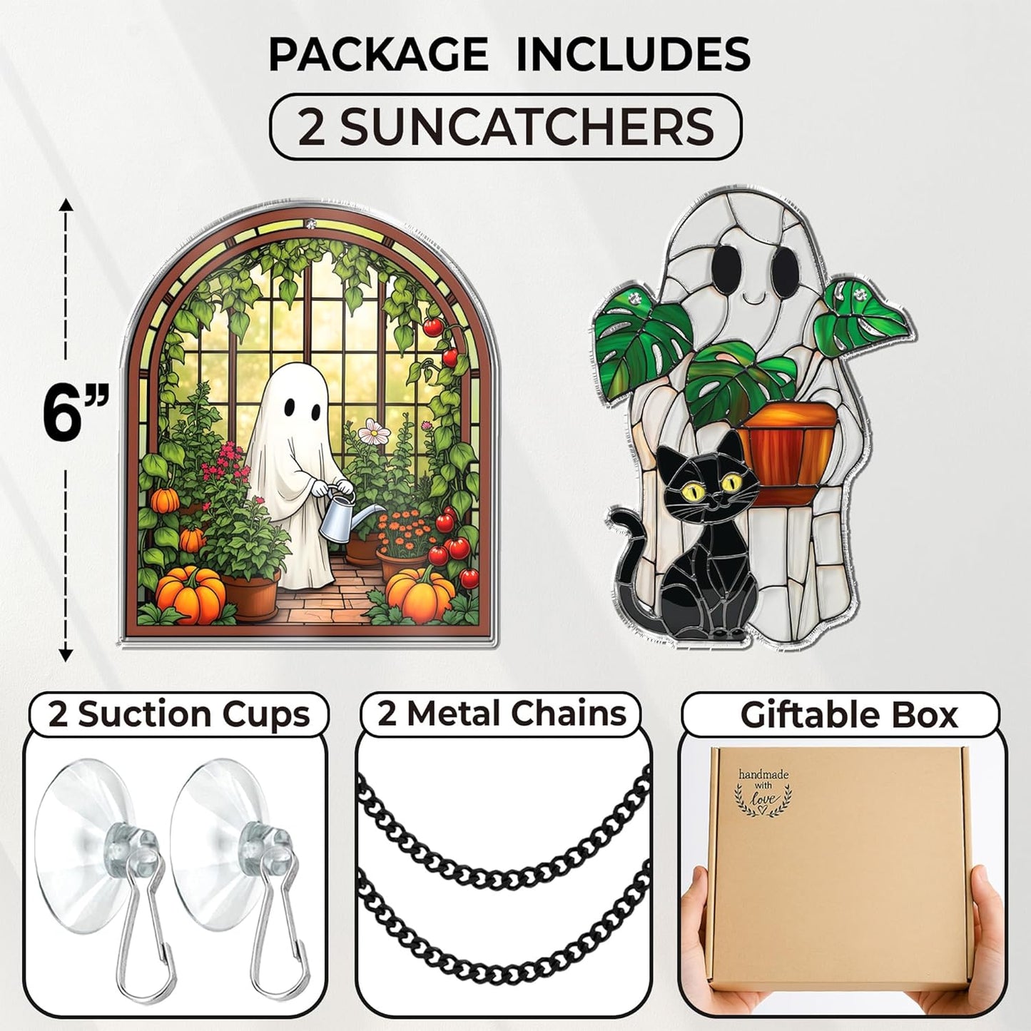 2 Cute Halloween Suncatcher Decorations, Spooky Cute Ghost Plant Window Hangings, Ghost with Black Cat Greenhouse, Pumpkin Ornaments Home Garden, Gifts for Plant Lovers, Women