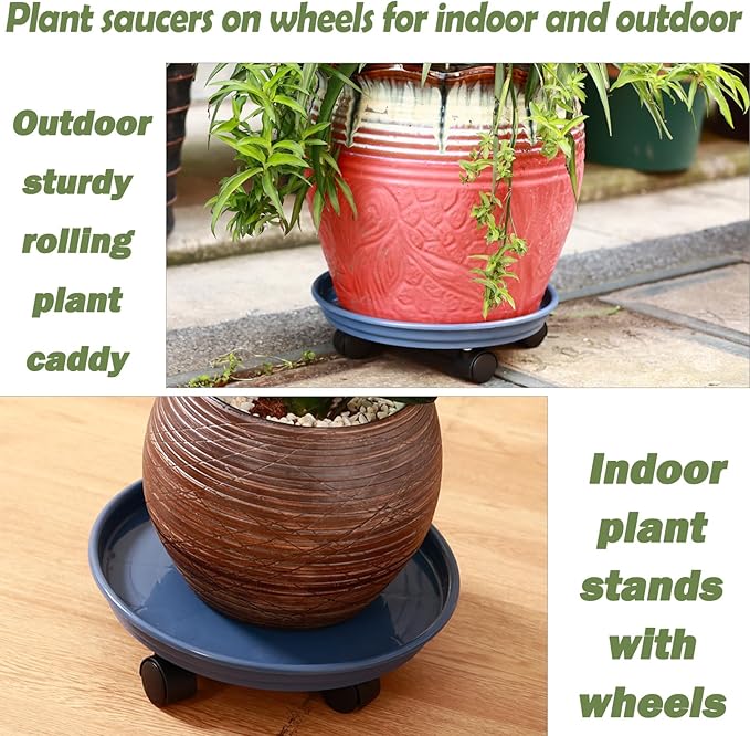 8 Packs Plastic Plant Caddy with Wheels 12" Plastic Rolling Plant Stands Heavy-Duty Plant Dolly with Casters Indoor and Outdoor Plant Roller Base Wheels, Blue