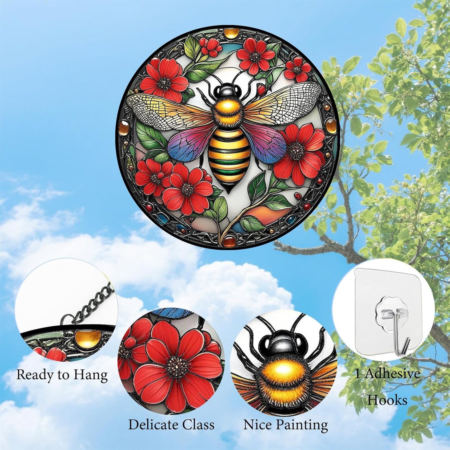 Bee Suncatchers for Windows Hanging - 8 inches Stained Glass Sun Catchers Indoor Window, Suncatcher Stain Glass Window Hanging for Home Decor, Gifts for Holiday Wall Art