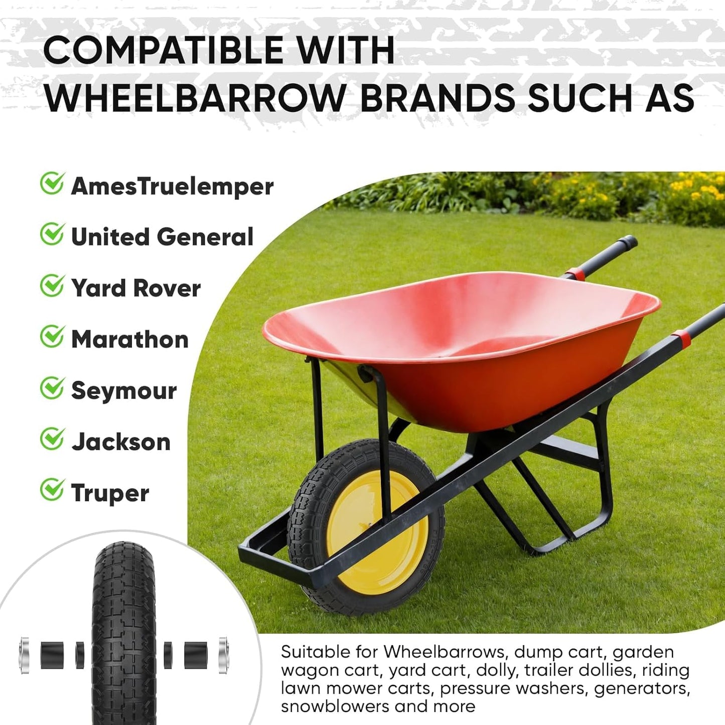 TICONN 4.80/4.00-8 Tire, 16" Flat Free Wheelbarrow Tire and Wheel, Solid Replacement Tires with 3" Centered Hub, 5/8" 3/4" Bearings, Universal Fit 4.80/4.00-8, 3.50/3.00-8, 4.00-6 (Yellow)