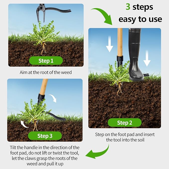 Stand Up Weed Puller with Long Handle ,Weed Puller Tool with 4-Claw Steel Head & 3-Sectioal Pole Design,Garden Hand Weeder Tool -Easily Remove Weeds and Root Without Bending, Pulling,or Kneeling