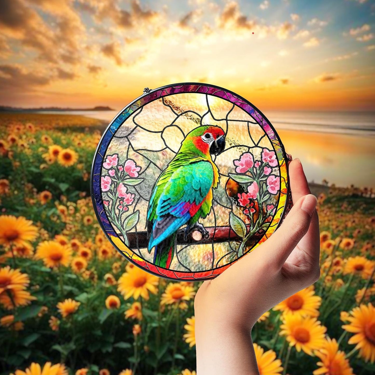 6" Parrot and Flowers Stained Glass Suncatcher Art Glass Bird and Flower for Sun Catcher Indoor Window Gift for Pet Animal Nature Floral Lover Women Mom Friend Painted Glass Panel Décor BIRD-03B-SG6