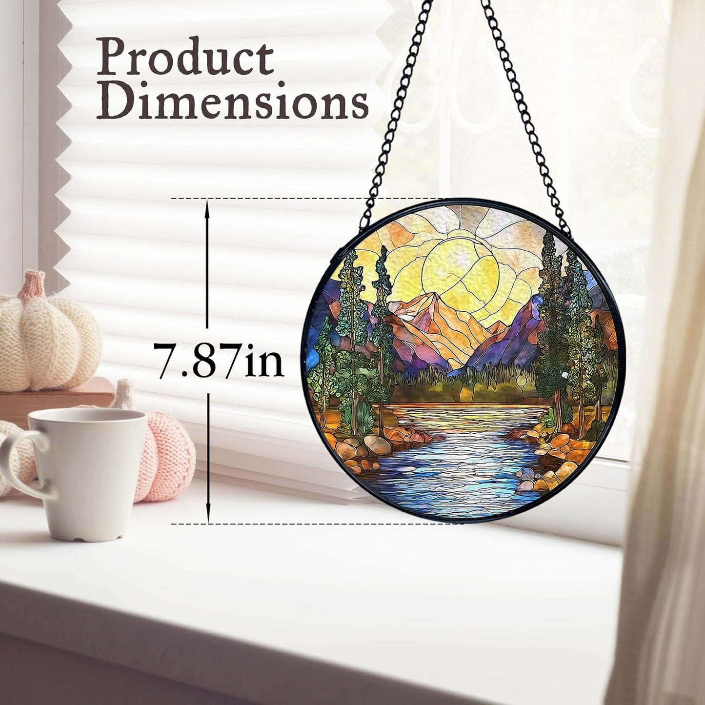 kdqua Mountain Suncatcher Stained Glass Window Hanging, Nature Sunset River Landscape Sun Catchers Indoor Window Glass Round Wall Decor, Mountain Wall Art Hanging Decorations Statues, 7.9x7.9in
