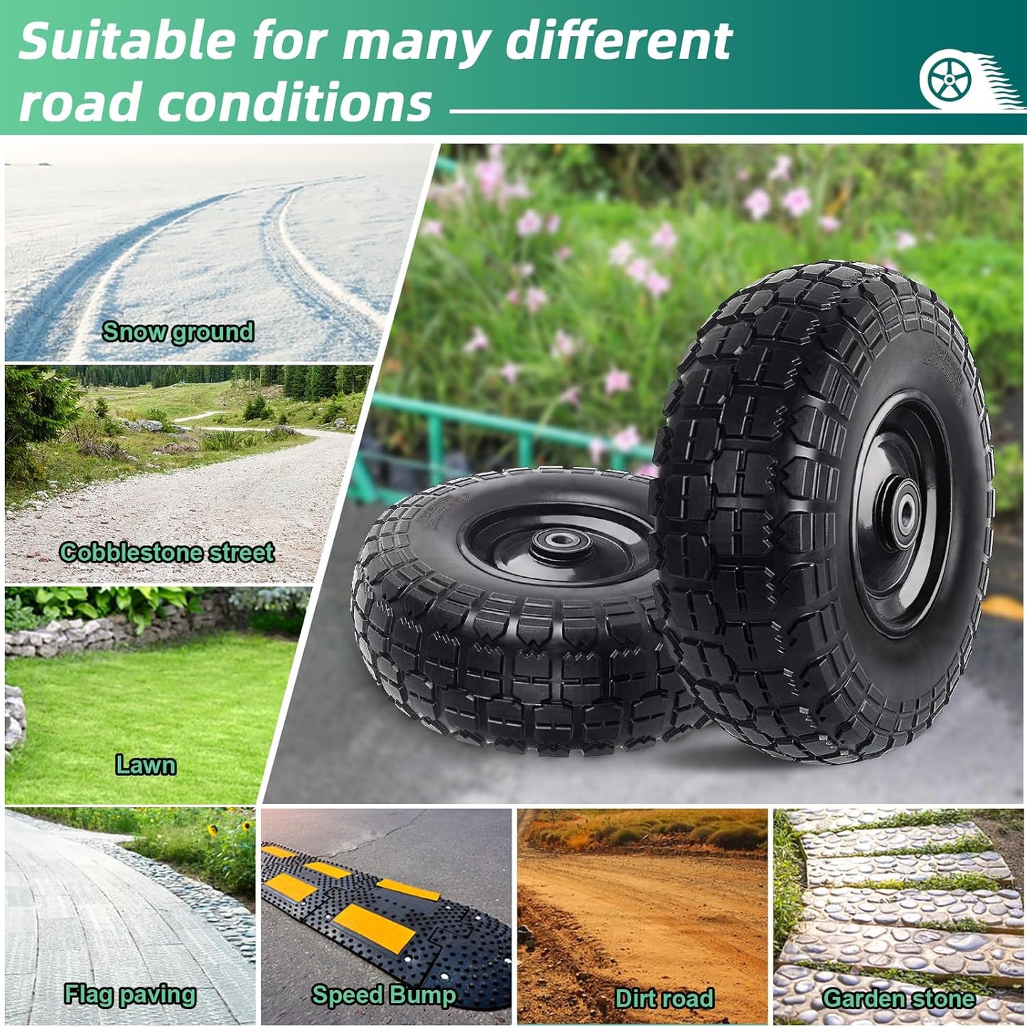 12'' Flat Free Tires Rubber Replacement Solid Tire and Wheel Assemblies for Hand Trucks Garden Cart Wheelbarrow - 3.5”Wide Polyurethane Tires 2.1 Hub with 5/8 Inch Axle Borehole (410/350-6)