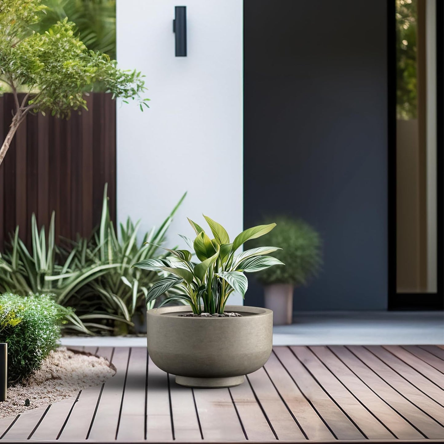 Kante 13.8 Inch Dia Concrete Bowl Planter, Large Tapered Bottom Plant Pot with Drainage, Smooth Weathered Concrete Finish with Warm Brown Interior, Ideal for Porch, Home, Garden, Patio