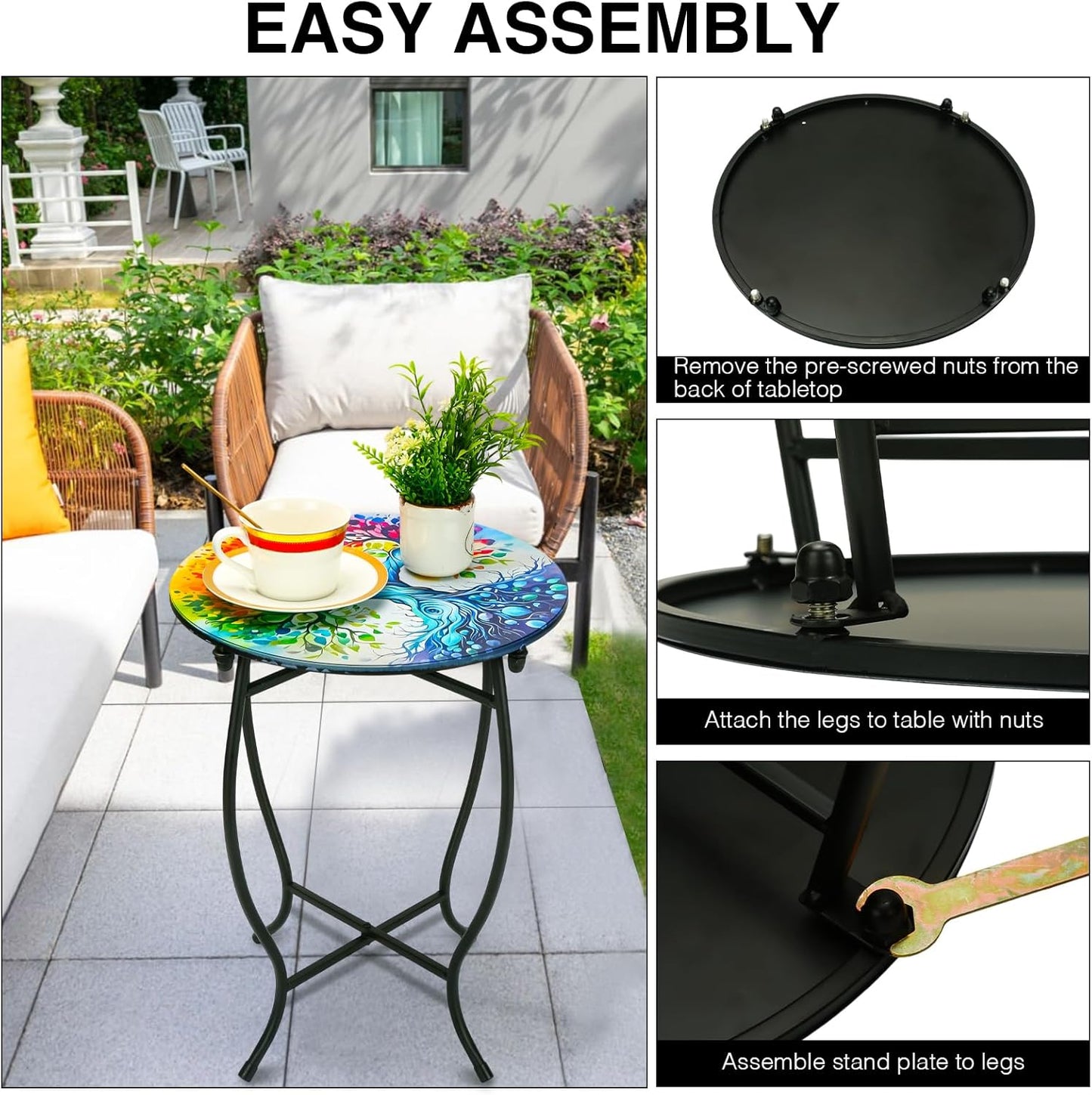 Outdoor Side Tables, 14" Round Patio Side Table, Plant Stand for Indoor Outdoor, Weather Resistant Metal End Table Side Table for Patio Yard Porch Balcony Garden Bedside