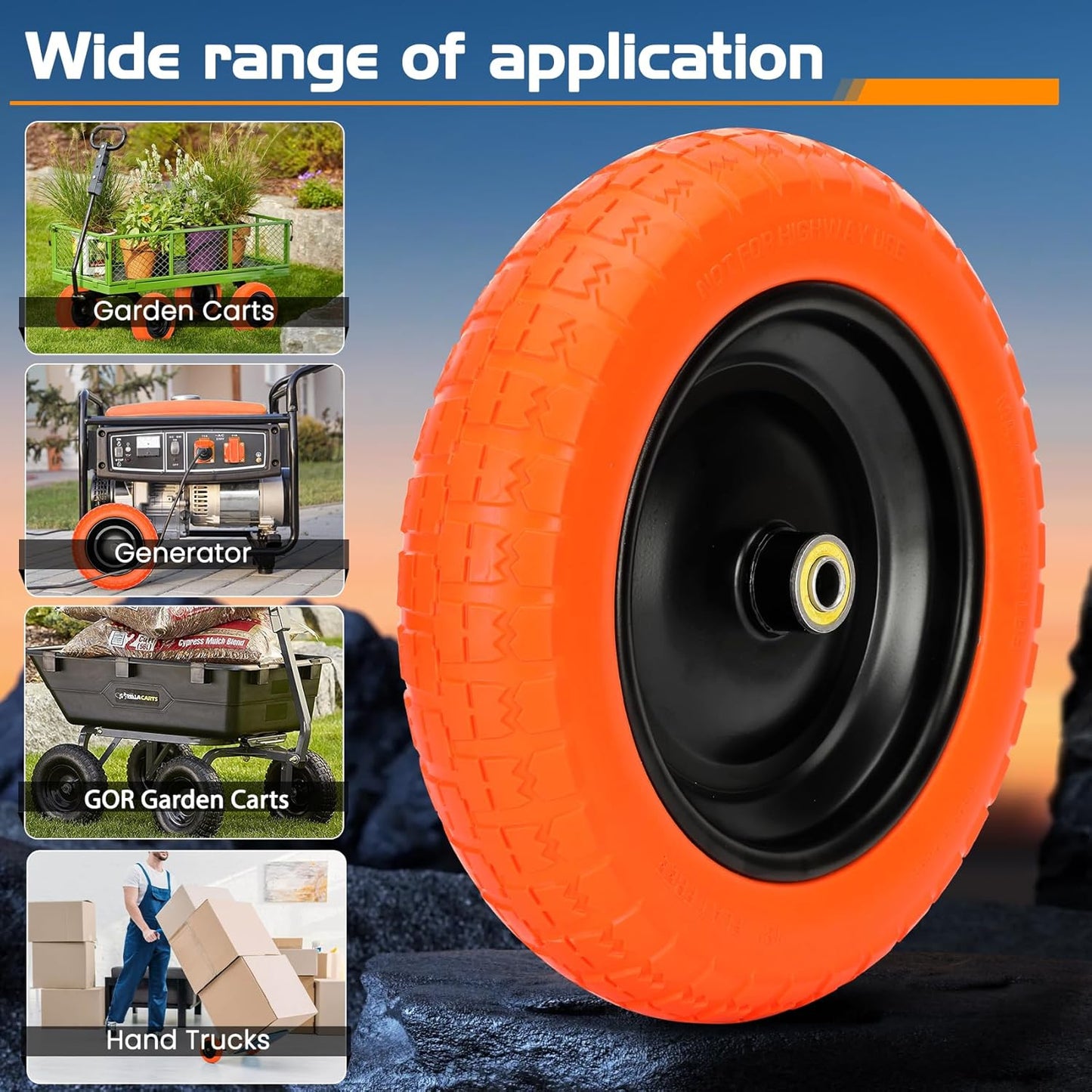 13" Flat Free Wheels Replacement for GOR Garden Cart Tires, 4.00-6 Solid Tires with 5/8"Bearings, 13" No Flat Wheels for GOR Garden Carts/Hand Trucks/Garden Carts(Orange)