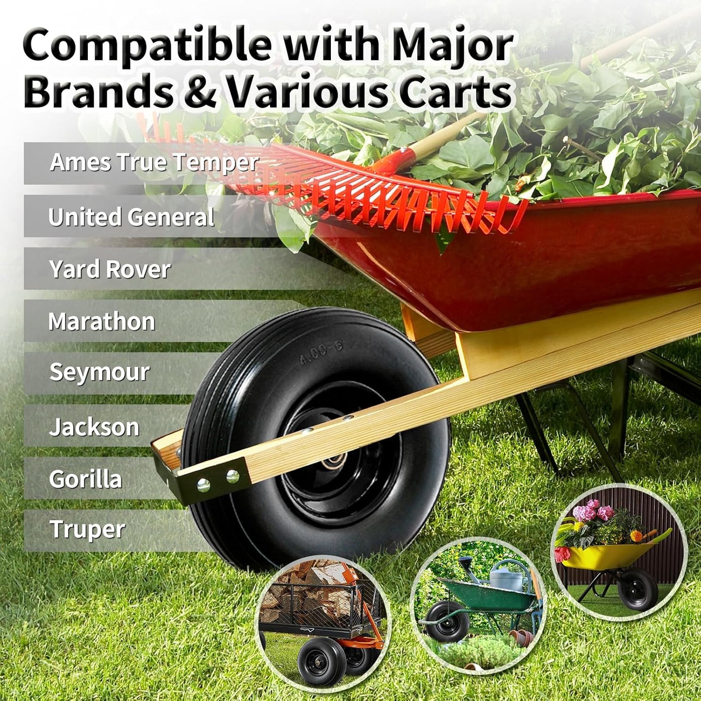 13 Inch Solid Tire Wheel - Replacement 4.00-6" Flat Free Heavy Duty Wheel with 5/8", 3/4" Bearings, 1.75" Center Hub - Fits Garden Cart, Wheelbarrow, Dolly, Hand Truck, Trailer, Utility Wagon, 2 Pcs
