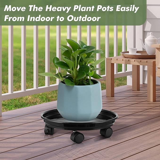 6 Packs Plastic Plant Caddy with Casters 12” Plant Dolly Heavy Duty Rolling Plant Stand with Wheels for Indoor and Outdoor Large Heavy Plant Pot Rollers, Black and Brown