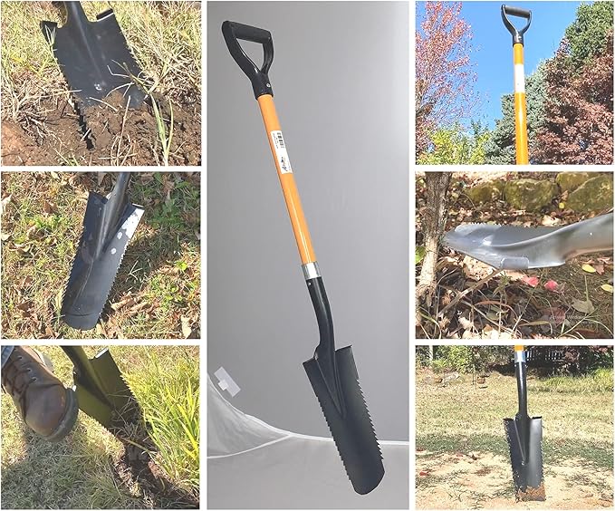 Ashman Drain Spade Teeth Shovel (1 Pack) - 48 Inches Long Handle Spade with D Handle Grip - Durable Handle with a Thick Metal Blade - Multipurpose Premium Quality Orange Shovel.