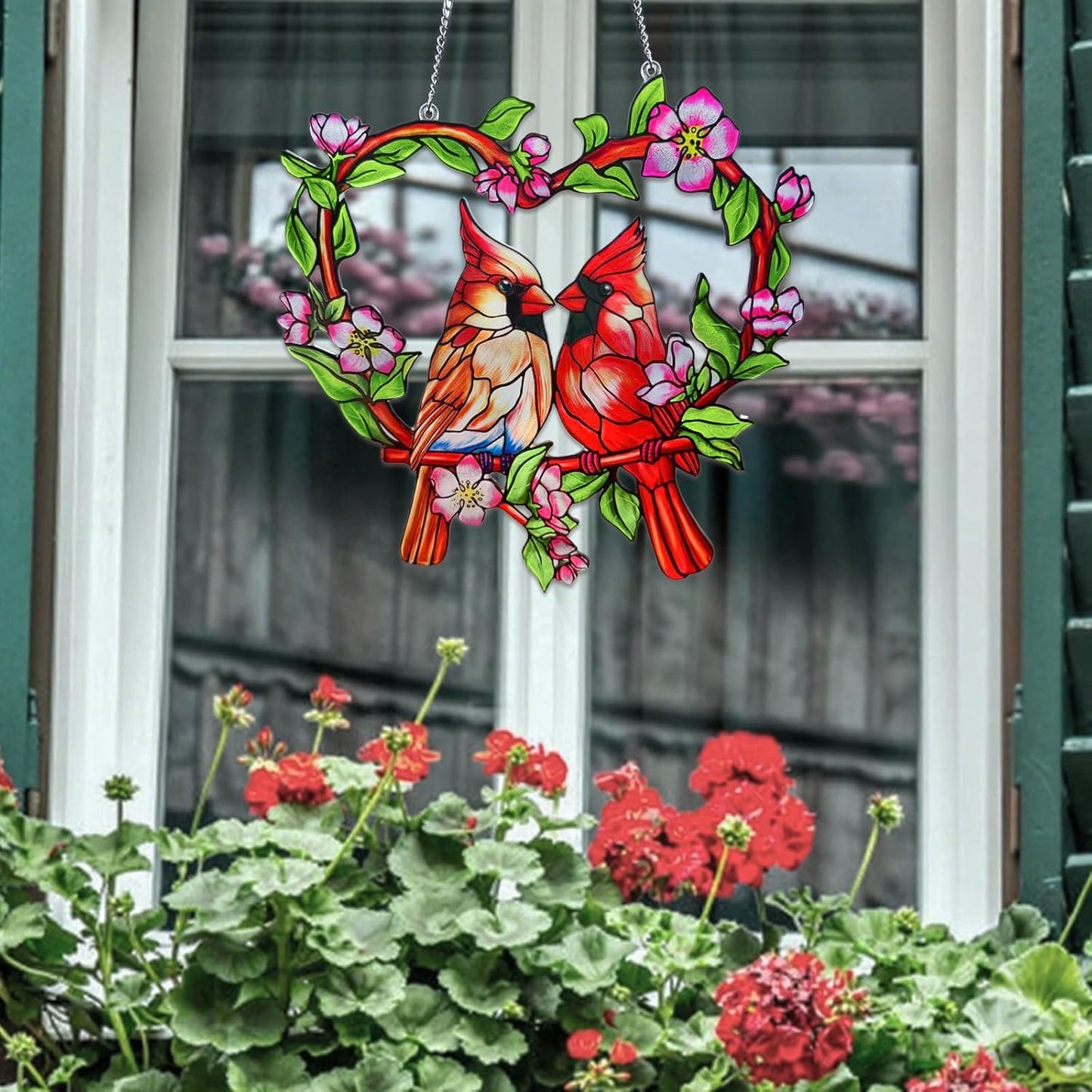 Stained Glass Window Hanging Cardinal Suncatcher,velaboll 10 inch Cardinal Decor for Home Decor, Garden, Patio, Gift for Nature and Bird Lovers