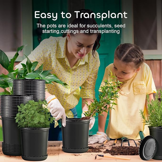 GROWNEER 24 Pack 6 Inch 1 Gallon Plant Pots with Drainage for Plants Flexible Nursery Pot Flower Pots Hole and Saucer Modern Plant Container for Indoor Outdoor(Black)