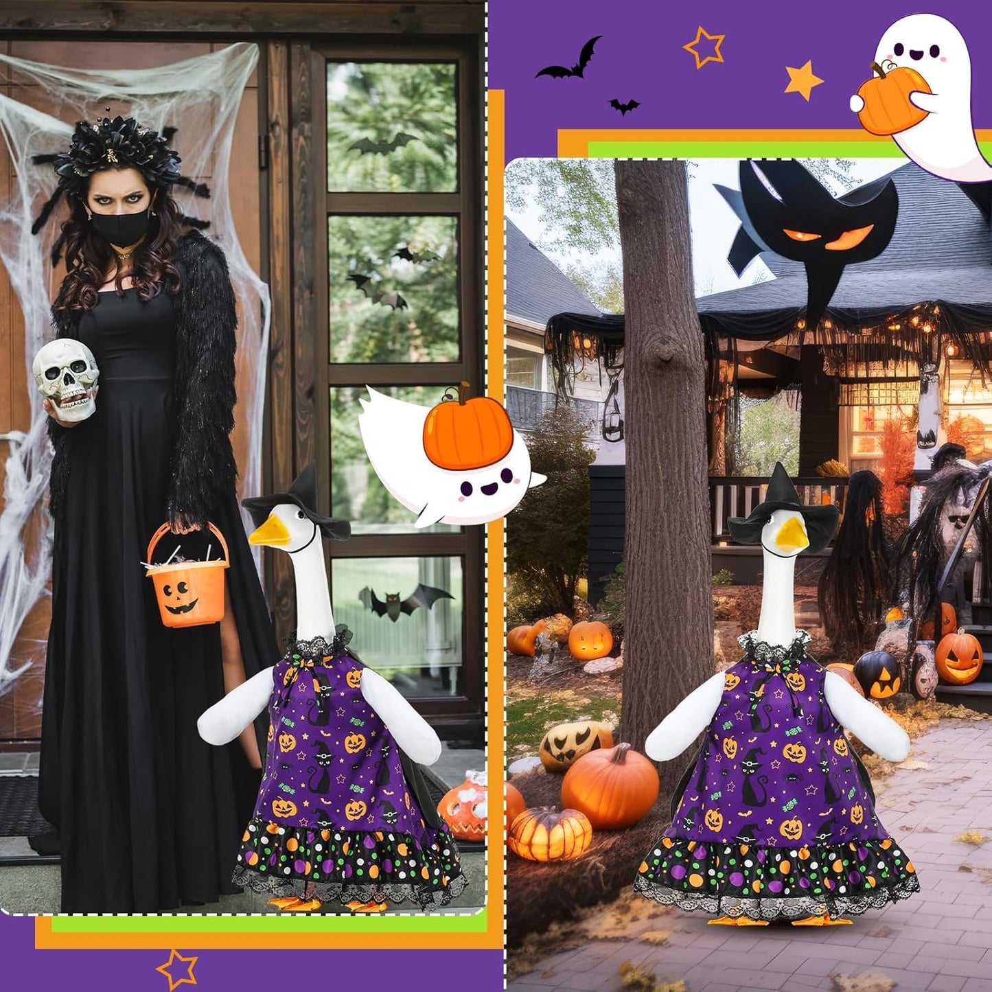 Halloween Porch Goose Outfit Set for 23'' Plastic Lawn Goose Statue Clothes Witch Skirt Halloween Costume for Outdoor Patio Yard Lawn Art Decor