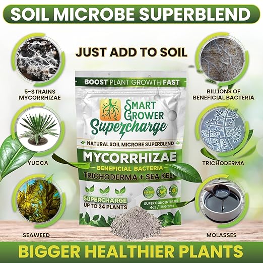 Mycorrhizal Fungi with Beneficial Bacteria, Trichoderma, Sea Kelp, Molasses, Yucca, Smart Grower Supercharge Plant Root Enhancer 8oz Super Concentrate Powder Makes 100 Gallons
